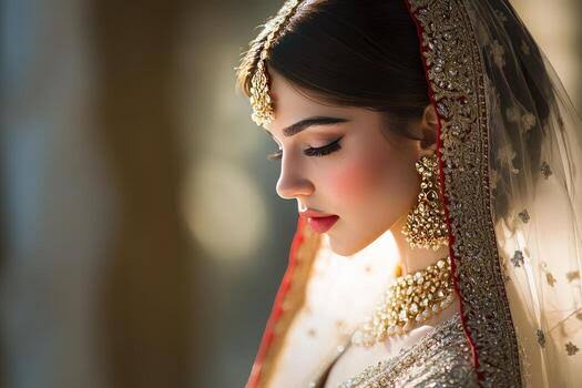 Bride in gold bridal jewellery with warm glam makeup